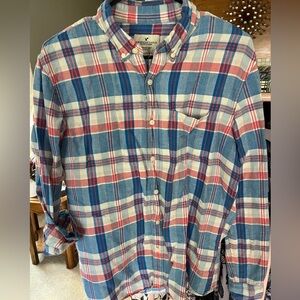 American Eagle Outfitters Blue and Red Casual Button Down Shirt